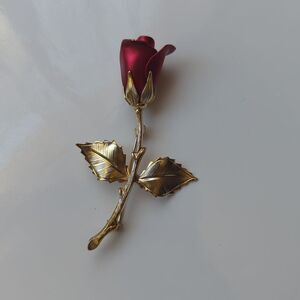Vintage Large Metal Gold and Red Rose Brooch